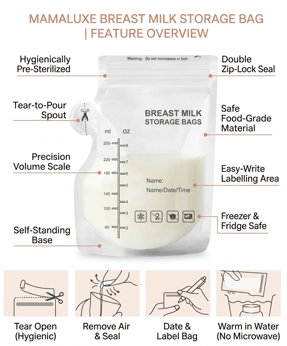 Mamaluxe Leak-Proof Breast Milk Storage Bags (10/30/100-Pack) | Pre-Sterilized & Freezer Safe